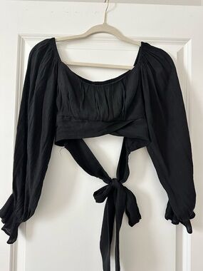 Black Cropped Tie-back Blouse - Women